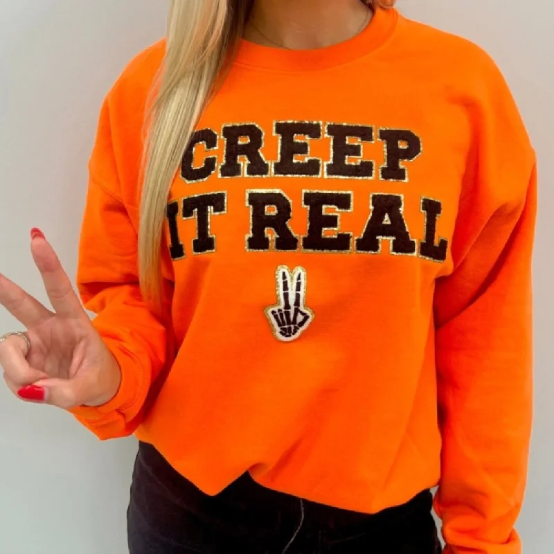 Your Chance to Save is Now!Neon 'Creep It Real' Letter Patch Crewneck Sweatshirt