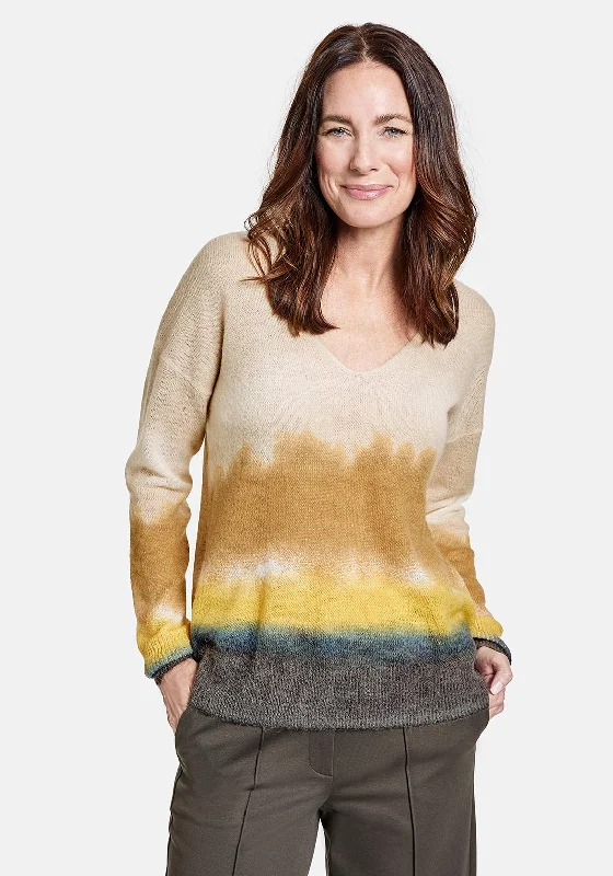 Exclusive Deals Just for You!Gerry Weber V Neck Jumper with Wavy Stripes, Beige