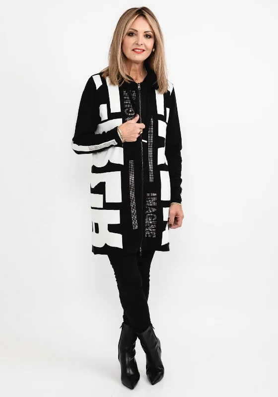 Massive Price Cuts!I’cona Letter Print Zip Long Cardigan, Black & White