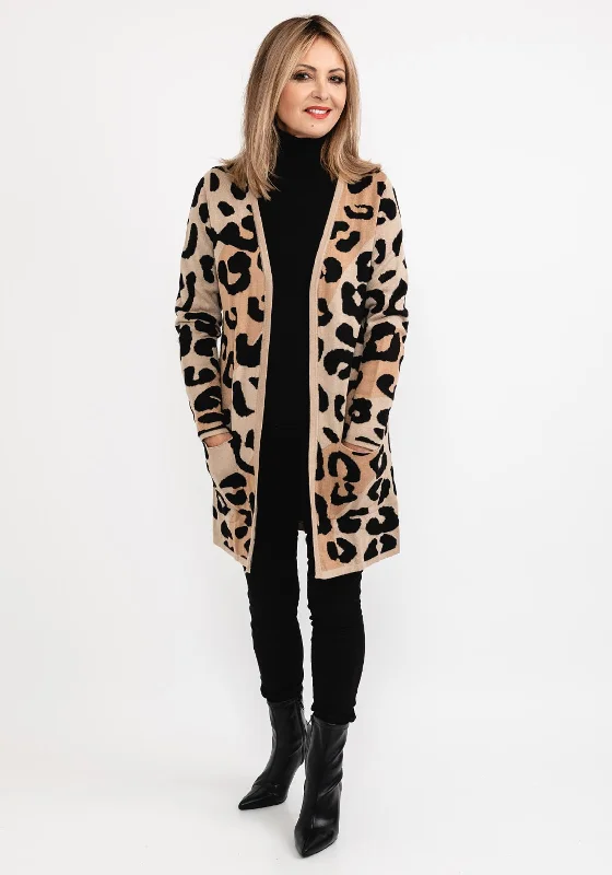 Seasonal Sale – Shop Now!I’cona Animal Print Long Open Cardigan, Camel & Black