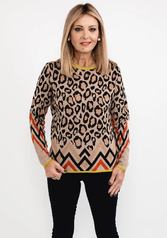 Grab Yours Before It’s Too Late!I’cona Animal & Line Print Sweater, Camel Multi