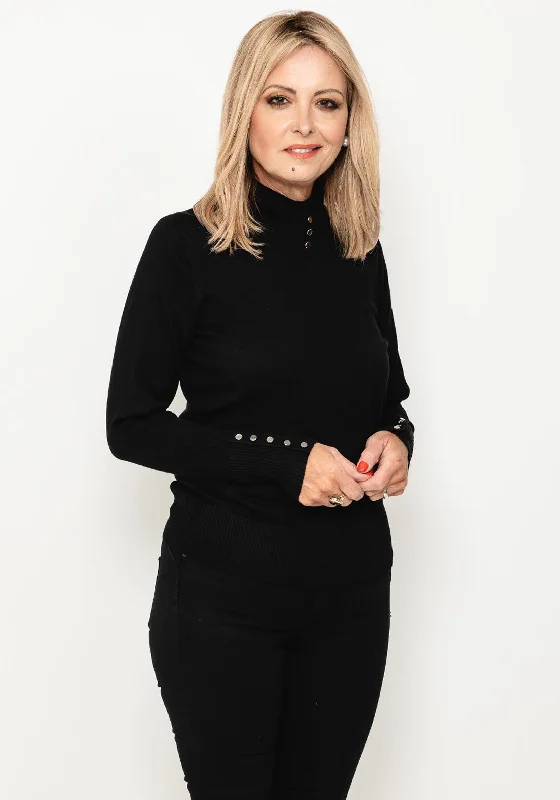 Steals and Deals Await!Micha Buttoned Funnel Neck Sweater, Black