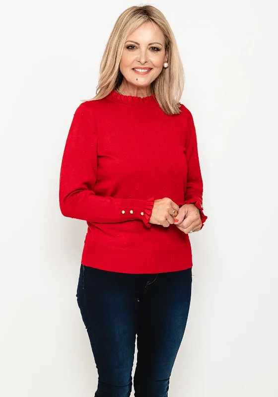 Massive Price Cuts!Micha Embroidered Texture Frill Trim Sweater, Red