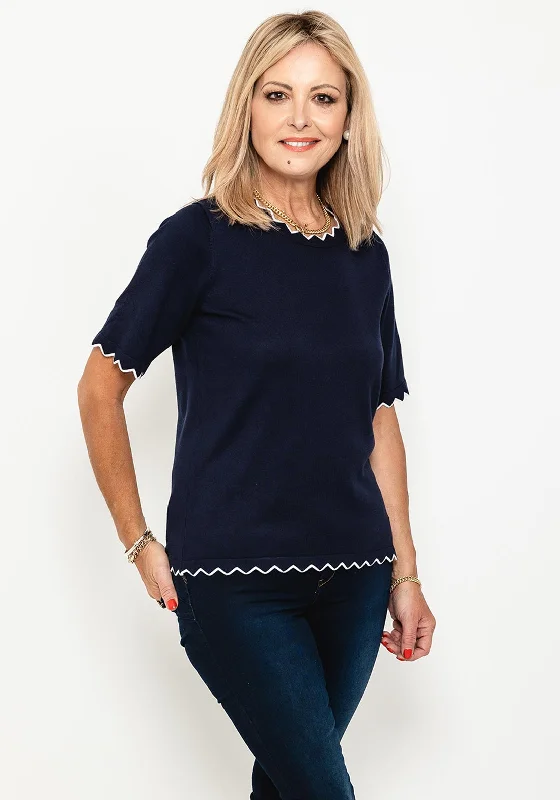 Your Exclusive Offer Awaits!Micha Zig Zag Trim Short Sleeve Sweater, Navy & White