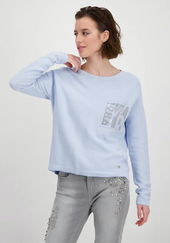 Special Offer – Act Fast!Monari Rhinestone Patch Pocket Knit Sweater, Light Blue
