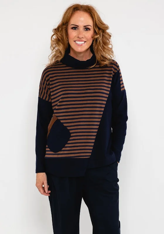 Your Best Deals Are Here!Naya Striped Contrast Panel Roll Neck Top, Navy & Brown