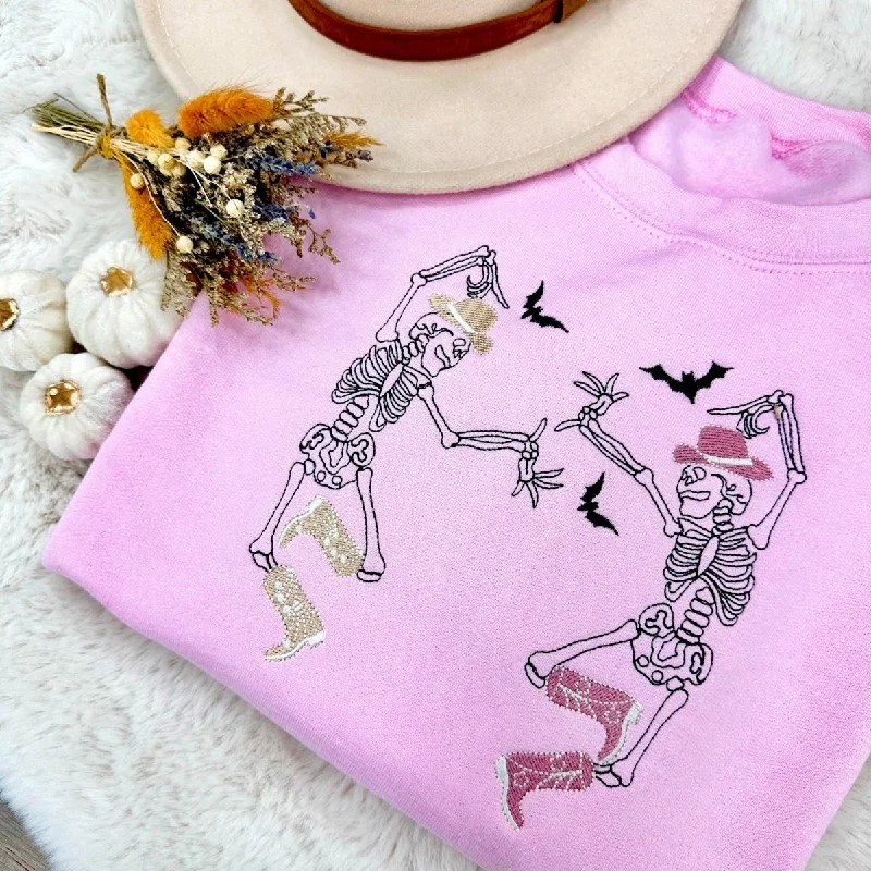 Upgrade for Less!'Skeleton Cowgirls' Embroidered Crewneck Sweatshirt