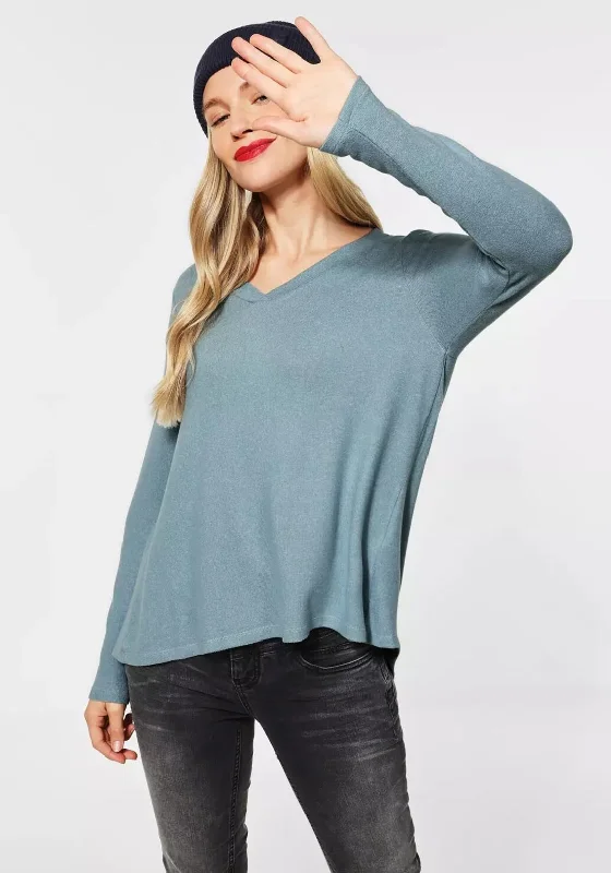 Get It Before It’s Gone!Street One V Neck Box Pleat Back Sweater, Duck Egg