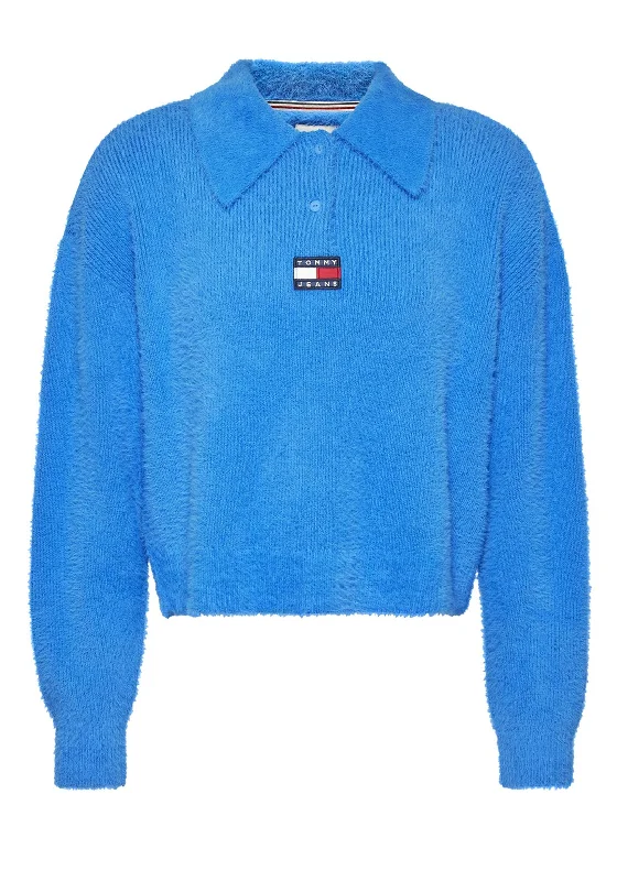 Limited-Time Price Drop!Tommy Jeans Womens Furry Polo Sweater, Deep Sky Blue