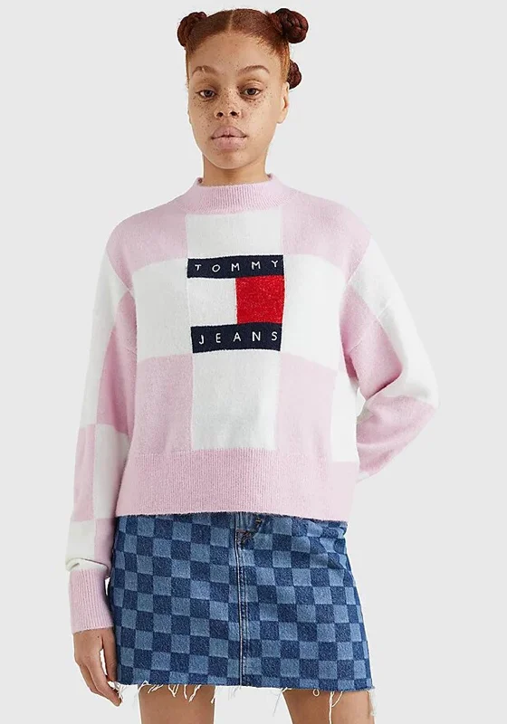 The Best Sale of the Year!Tommy Jeans Womens Relaxed Check Sweater, Pink Multi
