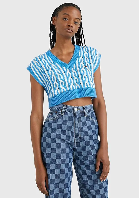 Save More When You Shop More!Tommy Jeans Womens Crop Knit Vest, Blue & White