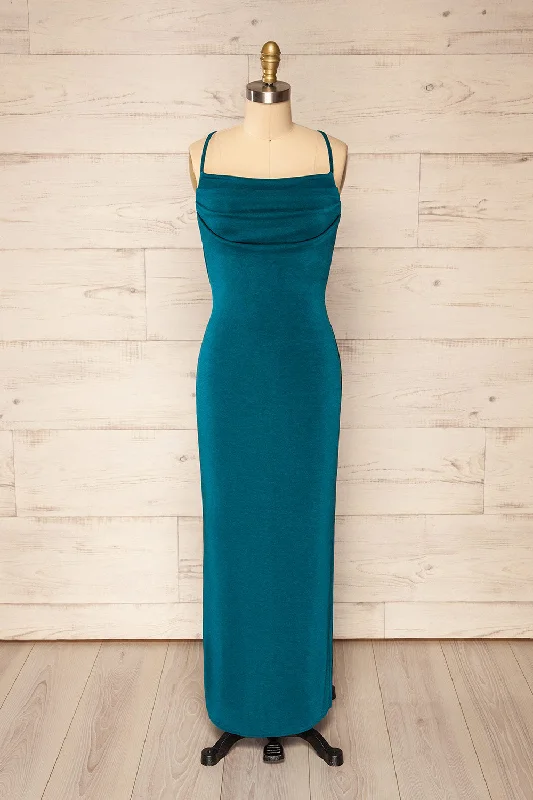 Flash Sale – Act Fast!Ardoz Teal | Shimmery Midi Dress w/ Cowl Neck