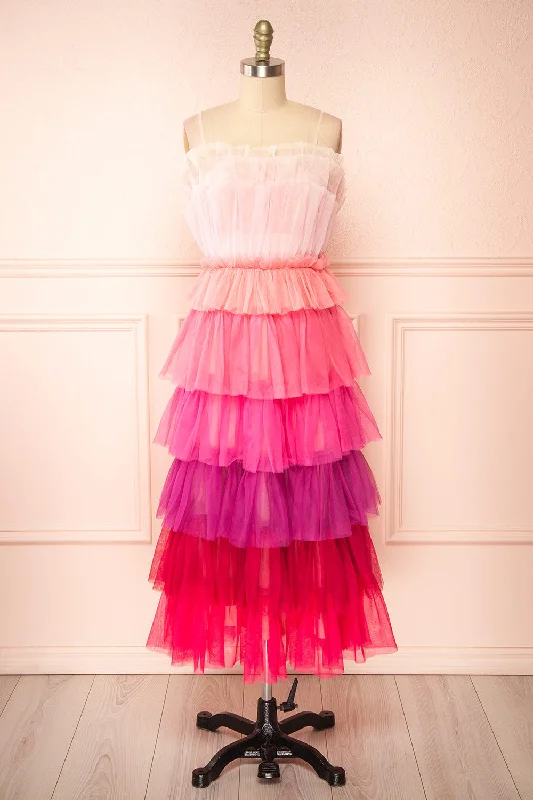 Limited Time Offer!Audee | Pink Layered Tulle Midi Dress