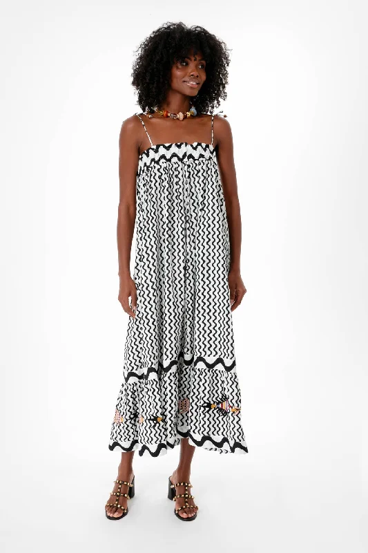 Crazy Discounts Inside!Black Ripple Tie Strap Smocked Straight Midi Dress
