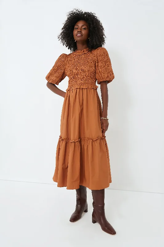 Shop the Hottest Deals!Exclusive Caramel Bubble Sleeve Smocked Midi Dress