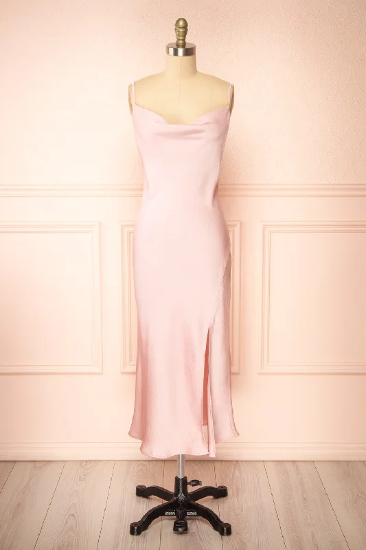 Buy More, Pay Less!Gracie | Satin Pink Cowl Neck Midi Dress