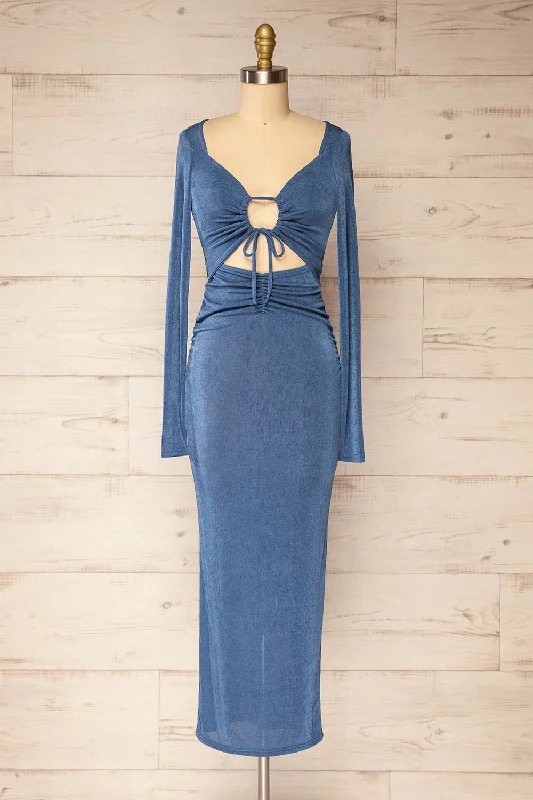 One Click Away from Big Savings!Havana | Blue Midi Dress w/ Front Cut-Out