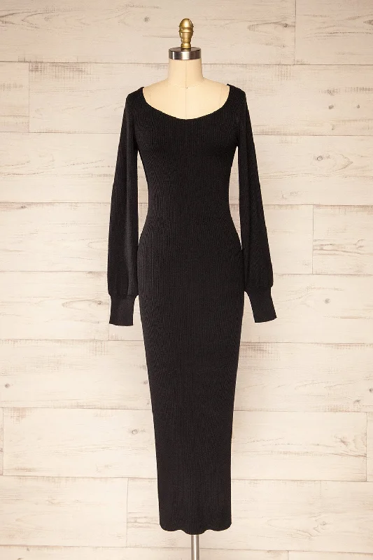 Save Money, Shop Happy!Lilongwe | Black Ribbed Midi Dress w/ Long Sleeves