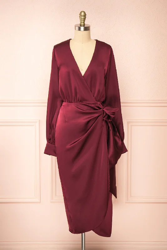 Your Discount is Waiting!Lunaria Burgundy | Satin Wrap Midi Dress w/ Long Sleeves