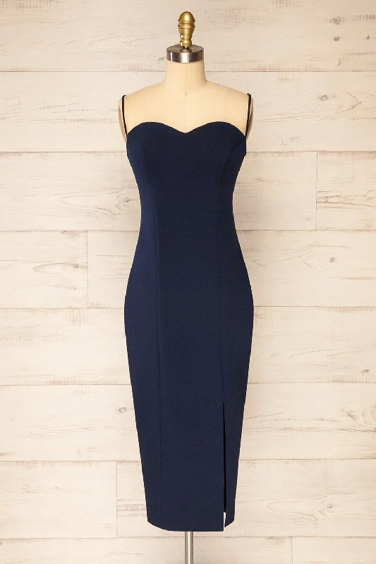 Snag the Best Prices Now!Miira Navy | Fitted Midi Dress w/ Sweetheart Neckline