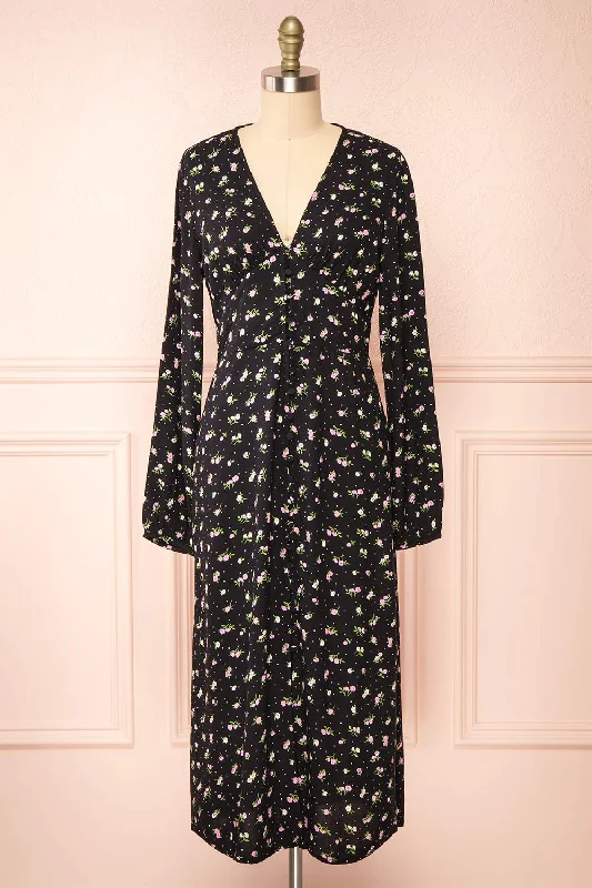 Score Big Savings Today!Netra Black | Long Sleeve Floral Midi Dress