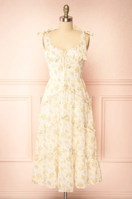 Don’t Wait – Deals Won’t Last!Omelta | Ivory Midi Dress w/ Yellow Roses Motif