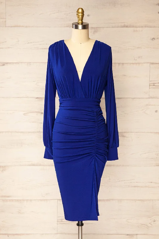 Hot Deals You Can’t Resist!Pessac Blue | Fitted Midi Dress w/ Long Sleeves