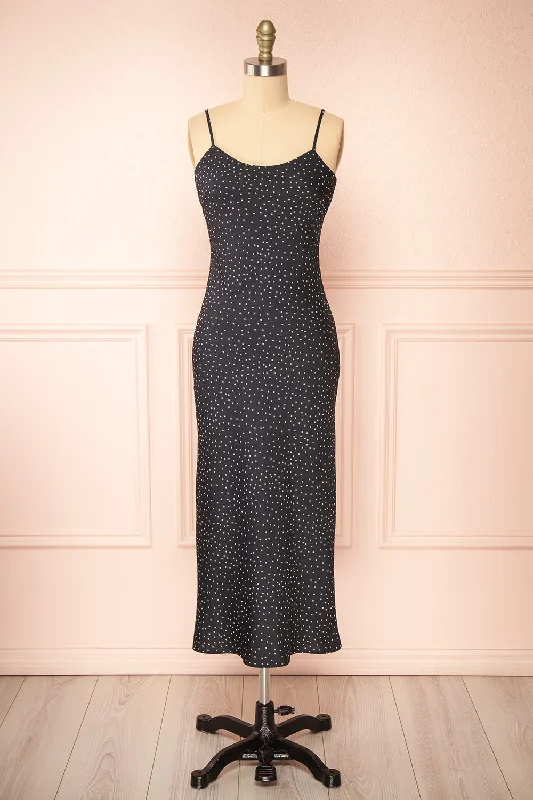 Savings You Can’t Ignore!Rebby Polka Dot Black | Silky Fitted Midi Dress