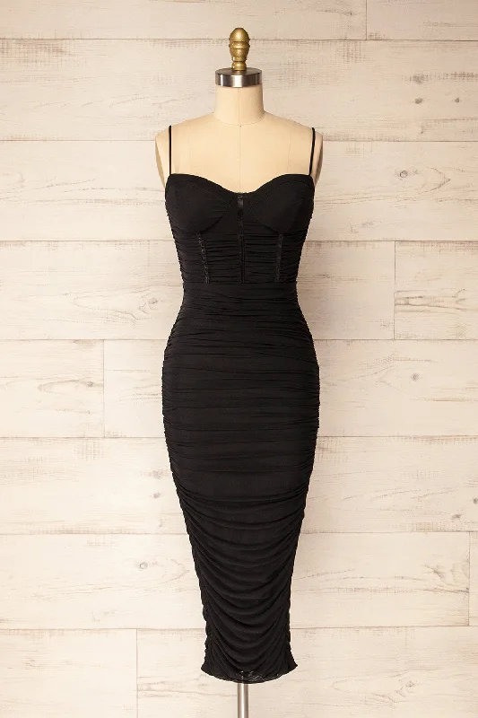 Mega Sale Happening Now!Venise Black | Fitted Ruched Midi Dress w/ Bustier Bodice