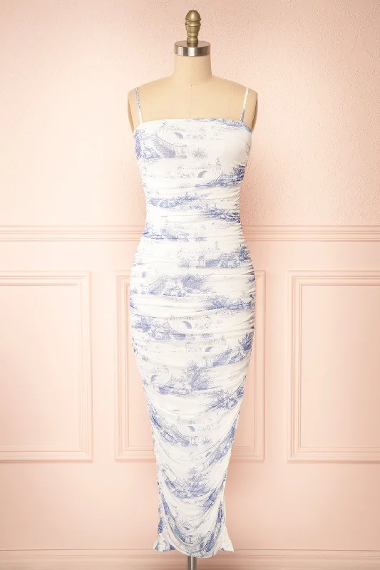 Seasonal Sale – Shop Now!Yalina | Fitted Ruched Midi Dress w/ Vintage Motif