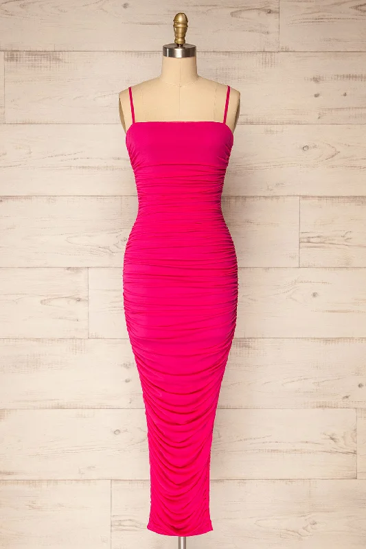 Hurry, Sale Ends Soon!Yurtof Fuchsia | Fitted Ruched Midi Dress