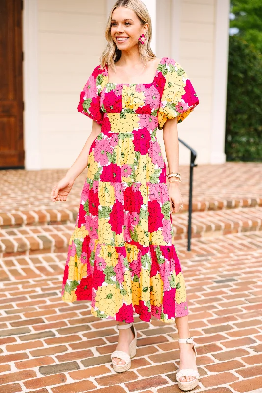 Enjoy Huge Discounts Now!All On Your Own Fuchsia Pink Floral Midi Dress