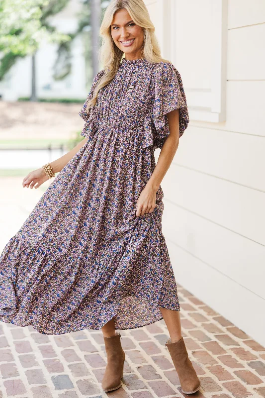 Exclusive Deals Just for You!All The Good Plum Ditsy Floral Ruffled Midi Dress