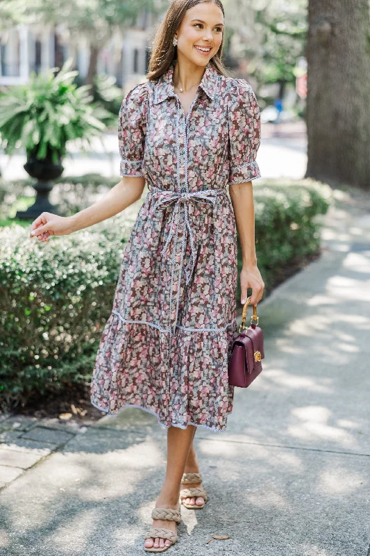 One Click Away from Big Savings!Be With Me Brown Ditsy Floral Midi Dress