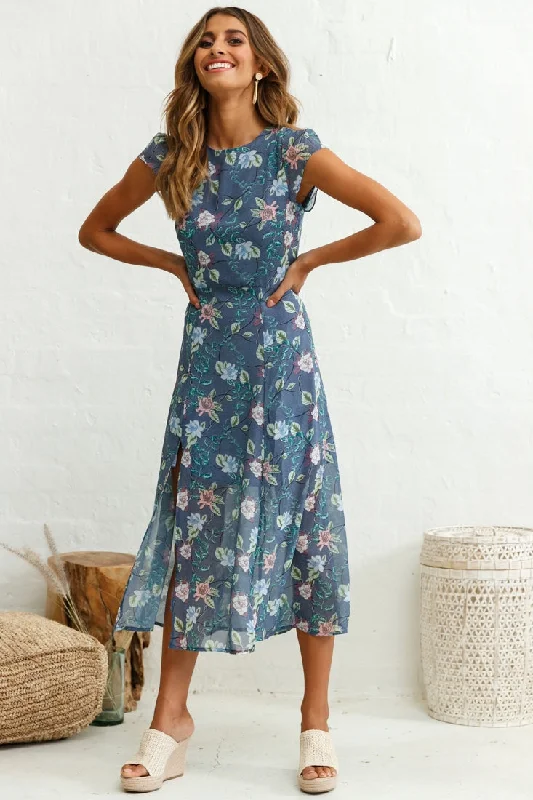 Save More Than Ever!Becky Cap Sleeve Crew Neck Midi Dress Floral Print Ink