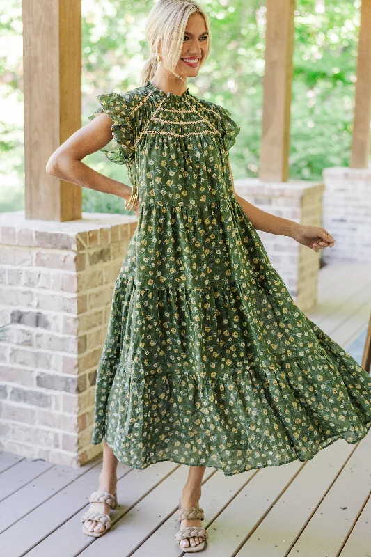 Mega Sale Happening Now!Better Than Ever Olive Green Ditsy Floral Midi Dress