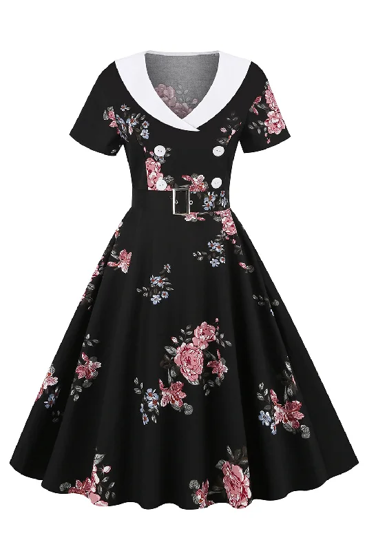 Limited Edition, Limited Price!Black Floral Printed Vintage Dress With Belt