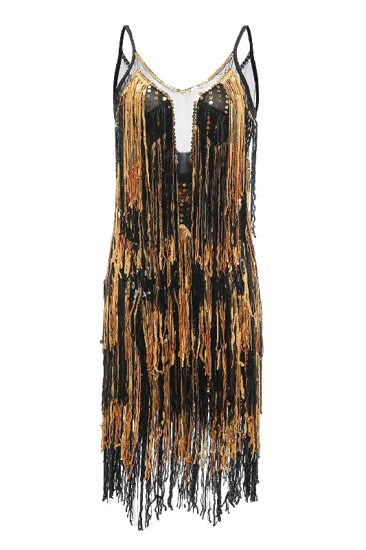 Shop More, Spend Less!Black Golden Fringes 1920s Dress with Sequins