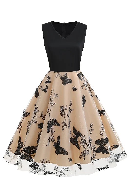 Your Favorite Sale is Back!Black V-Neck Vintage 1950s Dress with Appliques