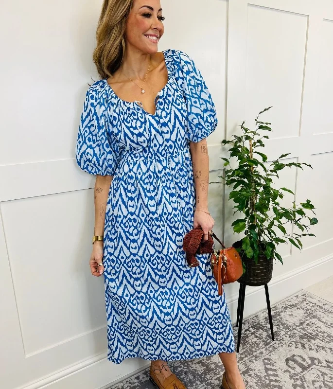 New Discounts Just Dropped!Blue Ikat Print Cotton Midi Dress