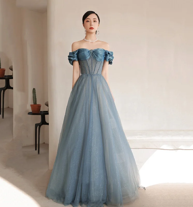 Get More for Less!BLUE TULLE LONG A LINE PROM DRESS OFF SHOULDER EVENING DRESS    cg19811
