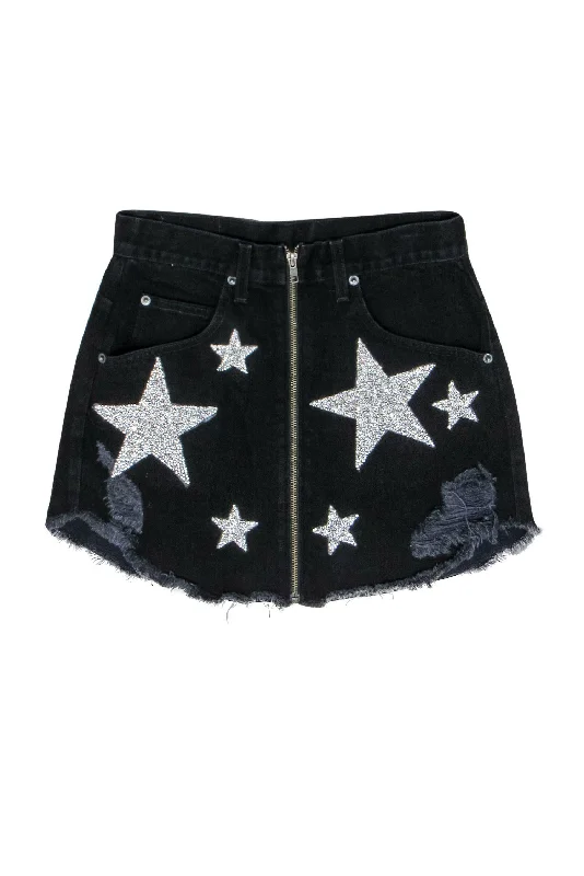 Buy More, Pay Less!Carmar - Black Denim Distressed Miniskirt w/ Silver Star Embellishments Sz 27 Buy More, Pay Less!Carmar - Black Denim Distressed Miniskirt w/ Silver Star Embellishments Sz 27