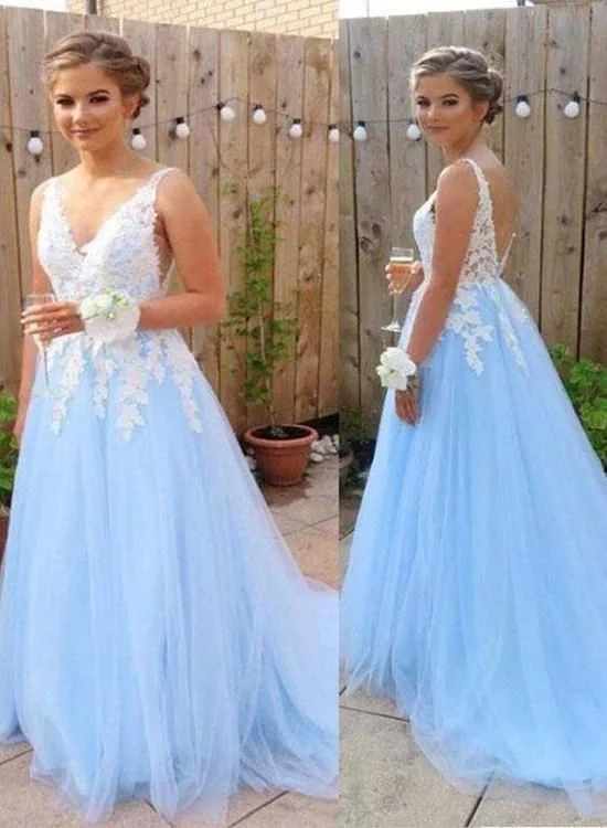Mega Sale Happening Now!Charming Light Blue V-neckline Tulle Prom Dress with Applique, Lovely Formal Gown cg19763 Mega Sale Happening Now!Charming Light Blue V-neckline Tulle Prom Dress with Applique, Lovely Formal Gown cg19763