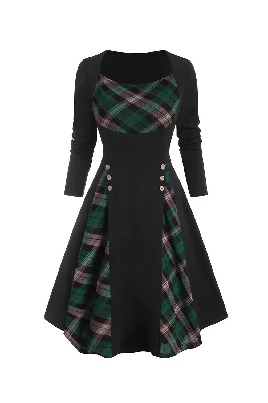 Best Price of the Season!Check Printed Waist-Up Halloween Retro Dress