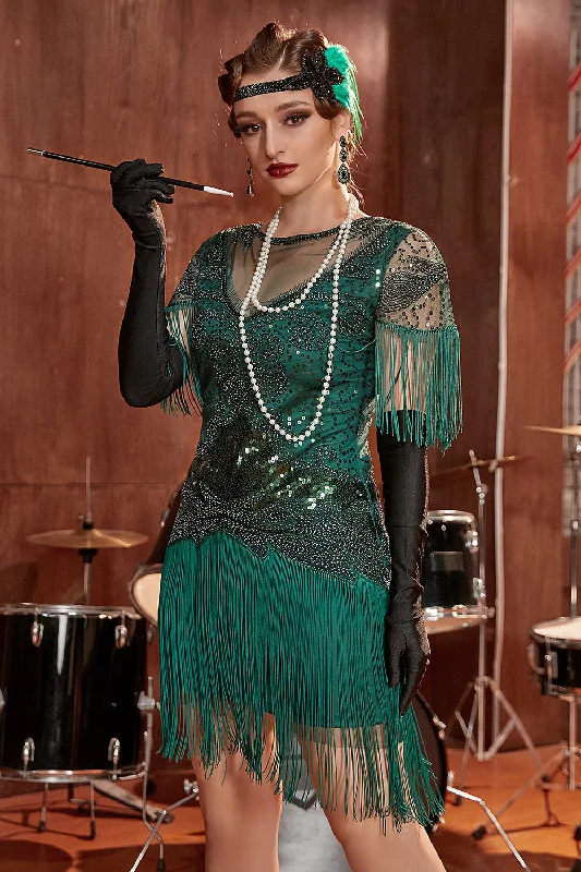 Massive Price Cuts!Dark Green Bateau Neck 1920s Gatsby Dress With Fringes