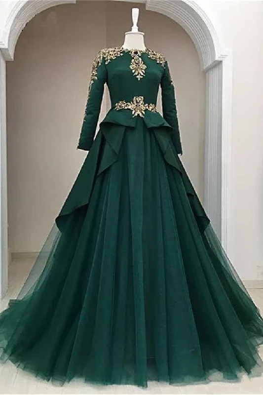Great Deals, Just for You!Dark Green Satin Tulle O Neck Long Sleeve Arabic Formal Prom Dress With Applique cg19809 Great Deals, Just for You!Dark Green Satin Tulle O Neck Long Sleeve Arabic Formal Prom Dress With Applique cg19809