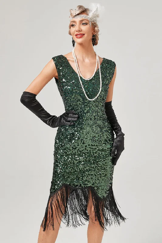 Time to Snag a Bargain!Dark Green Sequined V-Neck Gatsby Dress With Fringes