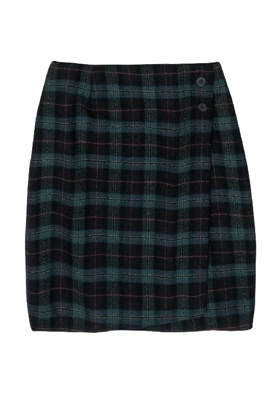 Save More Than Ever!Doncaster - Green Plaid Button-Front Wrap Skirt Sz 8