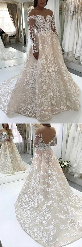 Your Wallet Will Thank You!Elegant A-Line Illusion Beteau Long Sleeves Ivory Lace Wedding prom Dress     cg19903