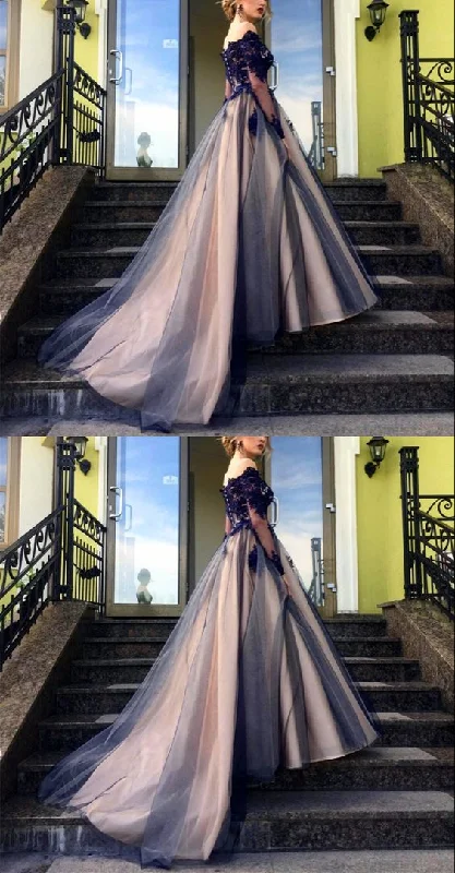 Save Up to 50% Off!Elegant navy and nude tulle ball gown prom dresses lace long sleeves off the shoulder for sweet 16 cg19862 Save Up to 50% Off!Elegant navy and nude tulle ball gown prom dresses lace long sleeves off the shoulder for sweet 16 cg19862